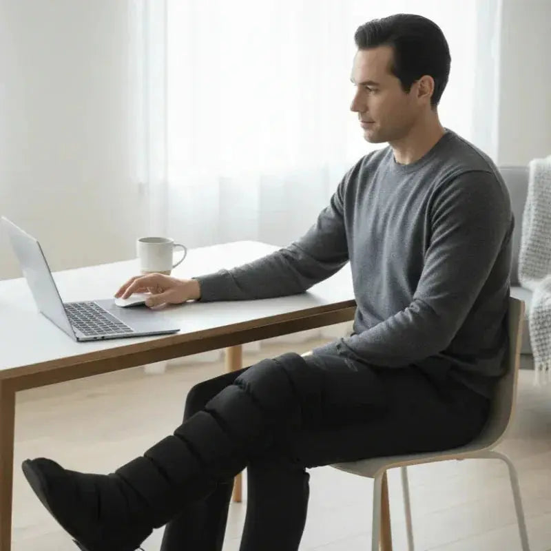 Man using leg massager while working on laptop in bright home, Sleep Oasis wellness product