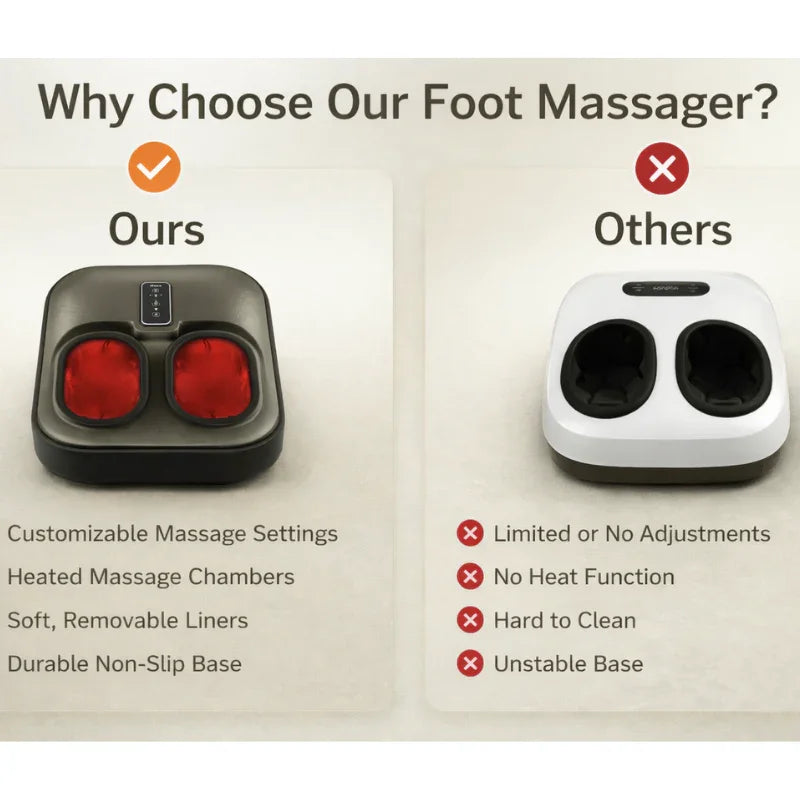 Comparison of Sleep Oasis foot massager vs other massagers, highlighting heated chambers and customizable settings.