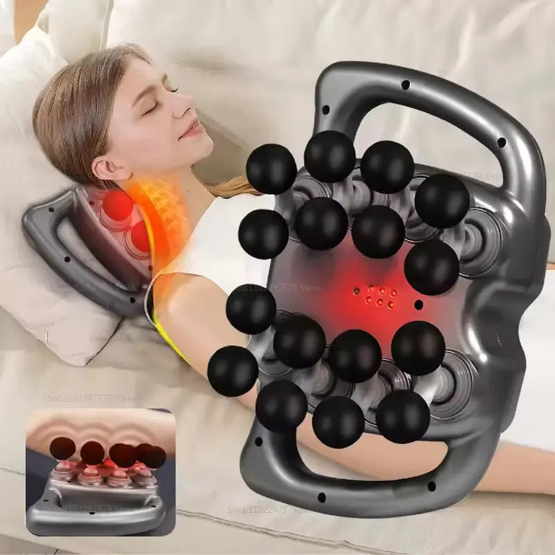 Neck massager with multiple black massage nodes providing heat therapy for cervical pain relief