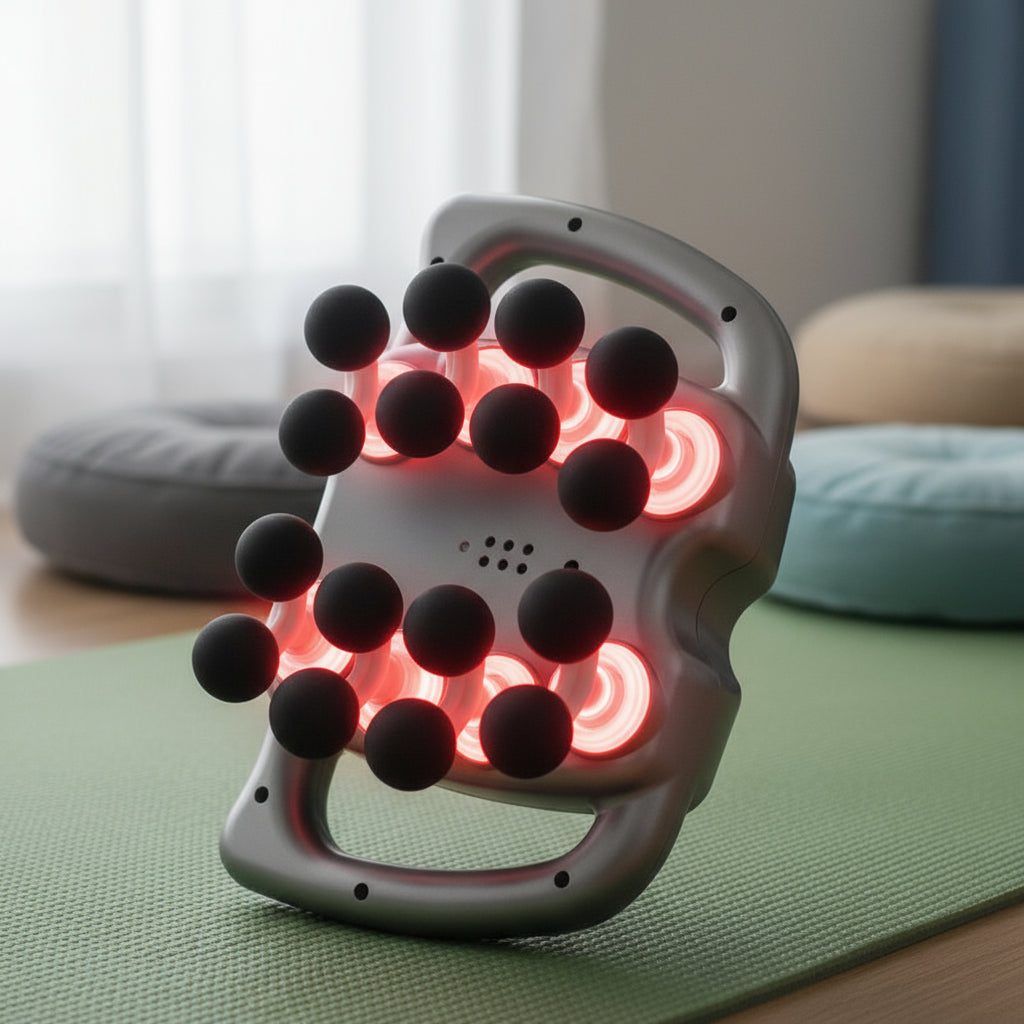DreamRevive 16-head massager, red heat glowing, on yoga mat in home gym with natural light and cushions for post-workout muscle recovery and better sleep.