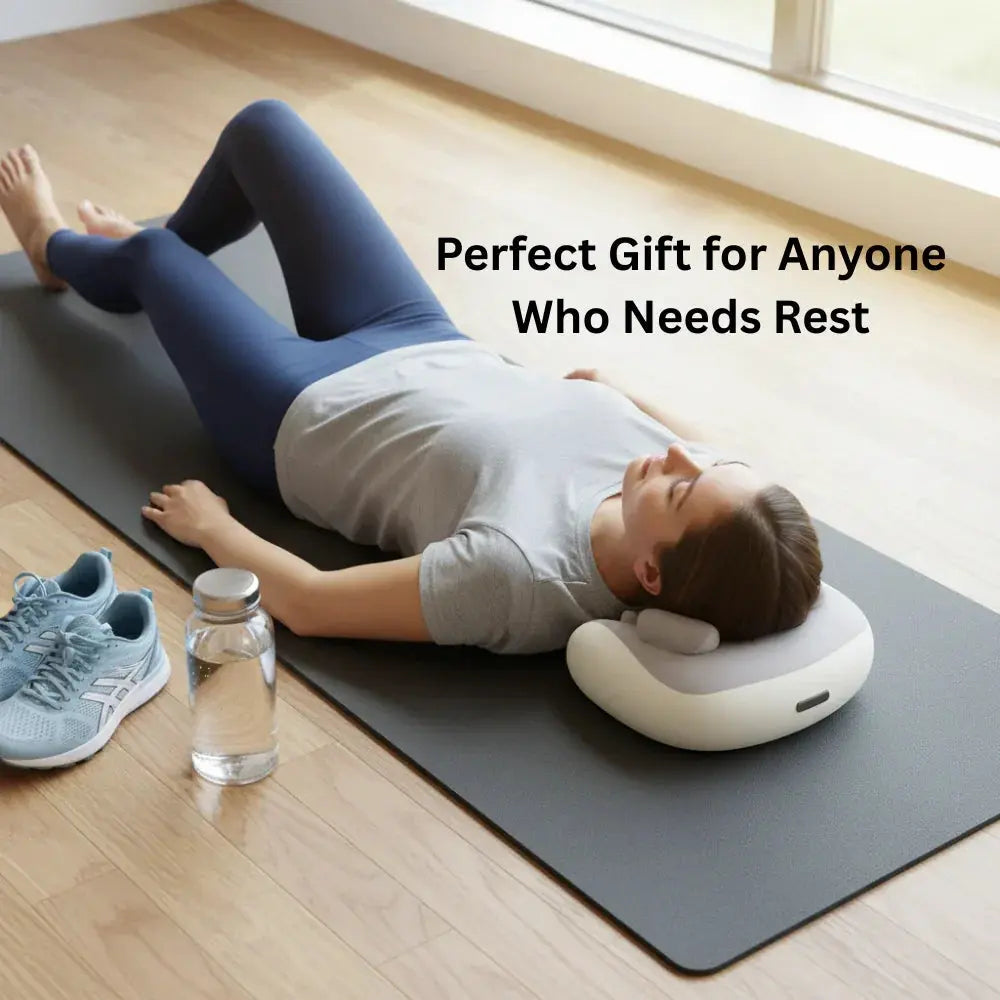 Woman resting on yoga mat using white neck massager pillow near water bottle and running shoes