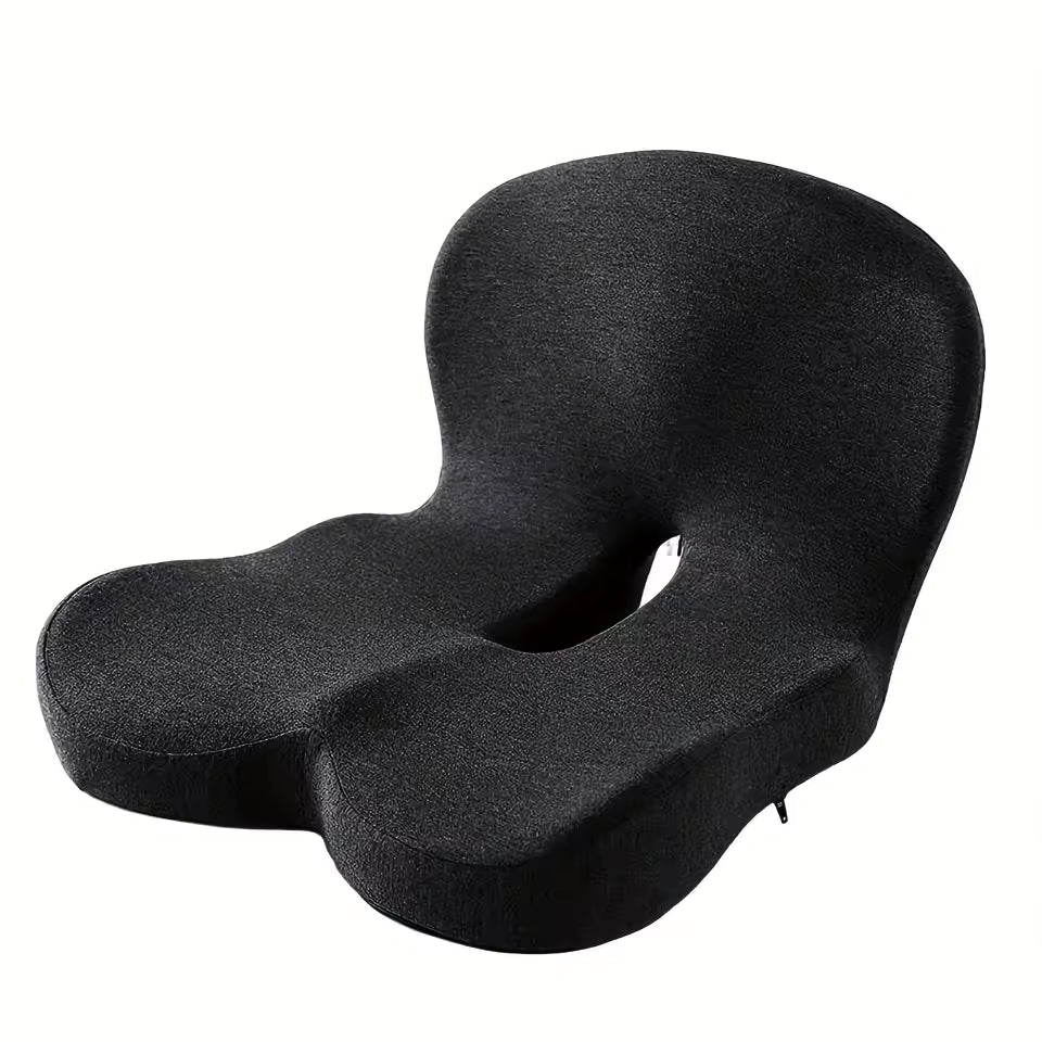 black ergonomic memory foam seat cushion with back support and center cutout