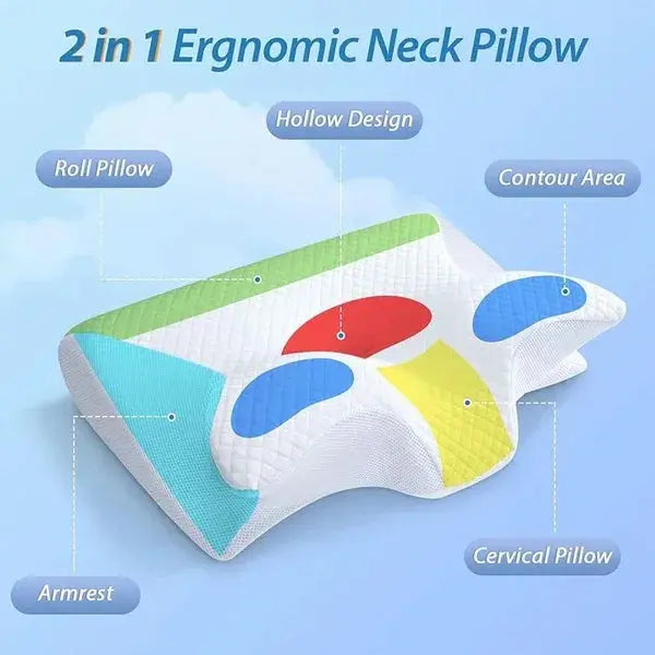 2 in 1 ergonomic neck pillow with roll pillow, hollow design, contour area, armrest, and cervical pillow