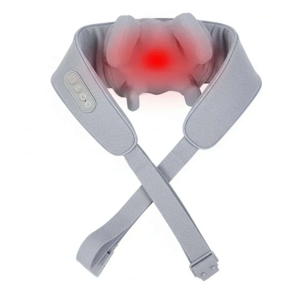 Grey electric neck massager with adjustable straps and control buttons, showing heat therapy feature