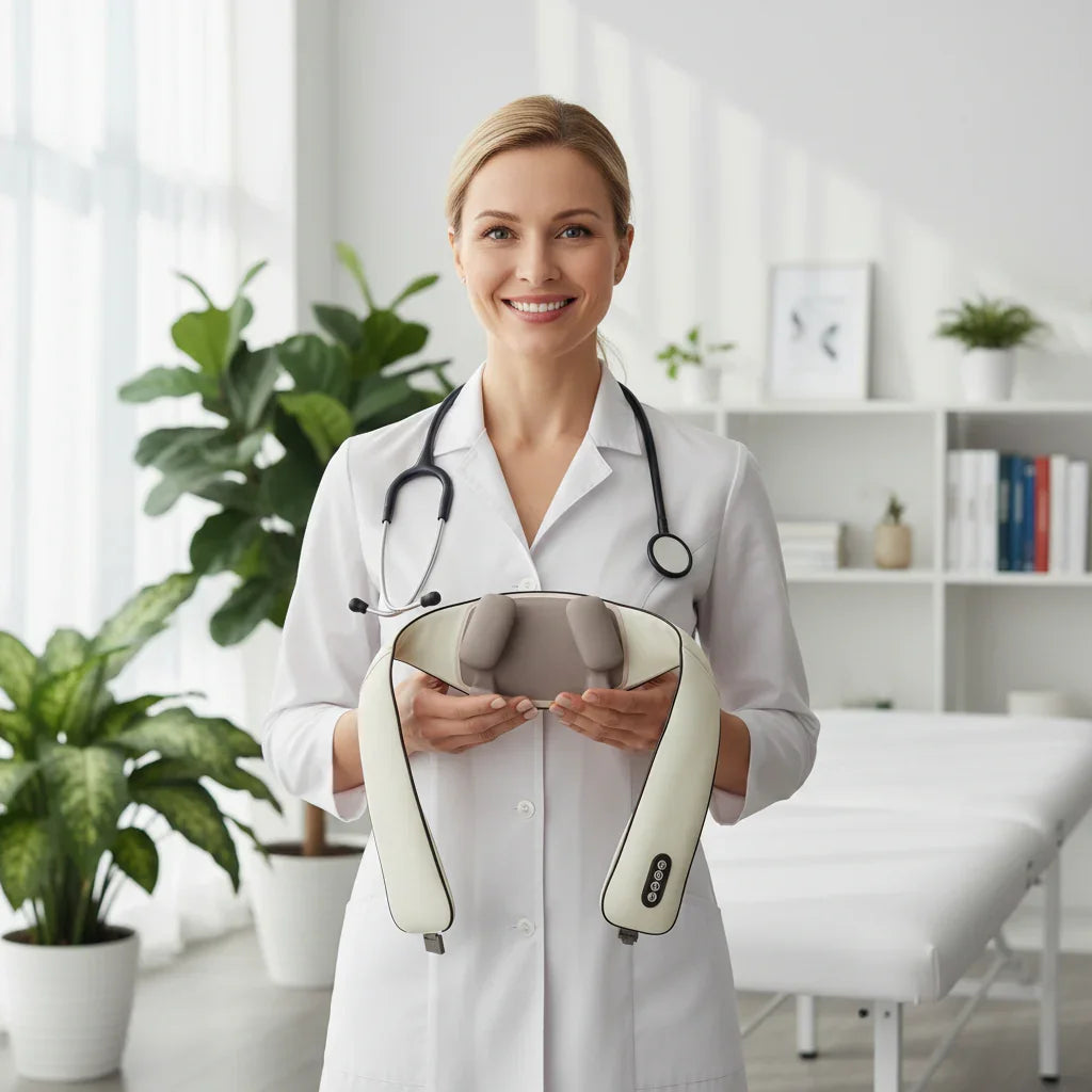 Smiling female doctor in white coat holding beige neck and shoulder massager in modern clinic