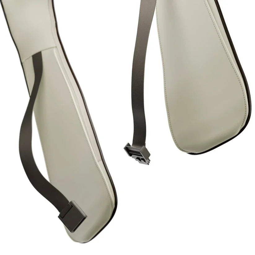 Beige neck and shoulder massager with black adjustable straps and ergonomic design