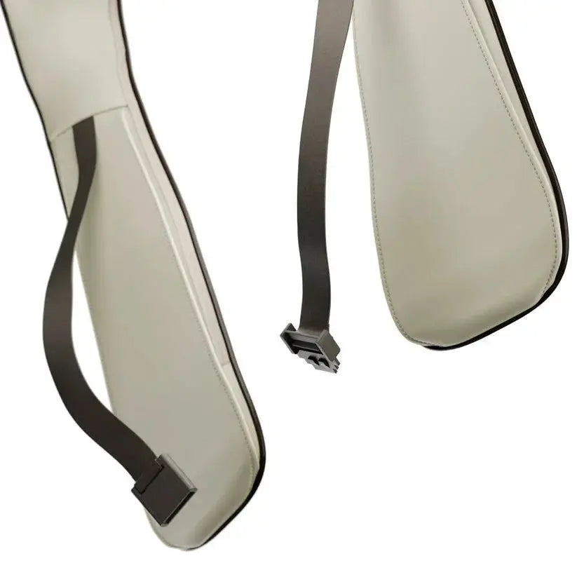 Beige neck and shoulder massager with black adjustable straps and ergonomic design