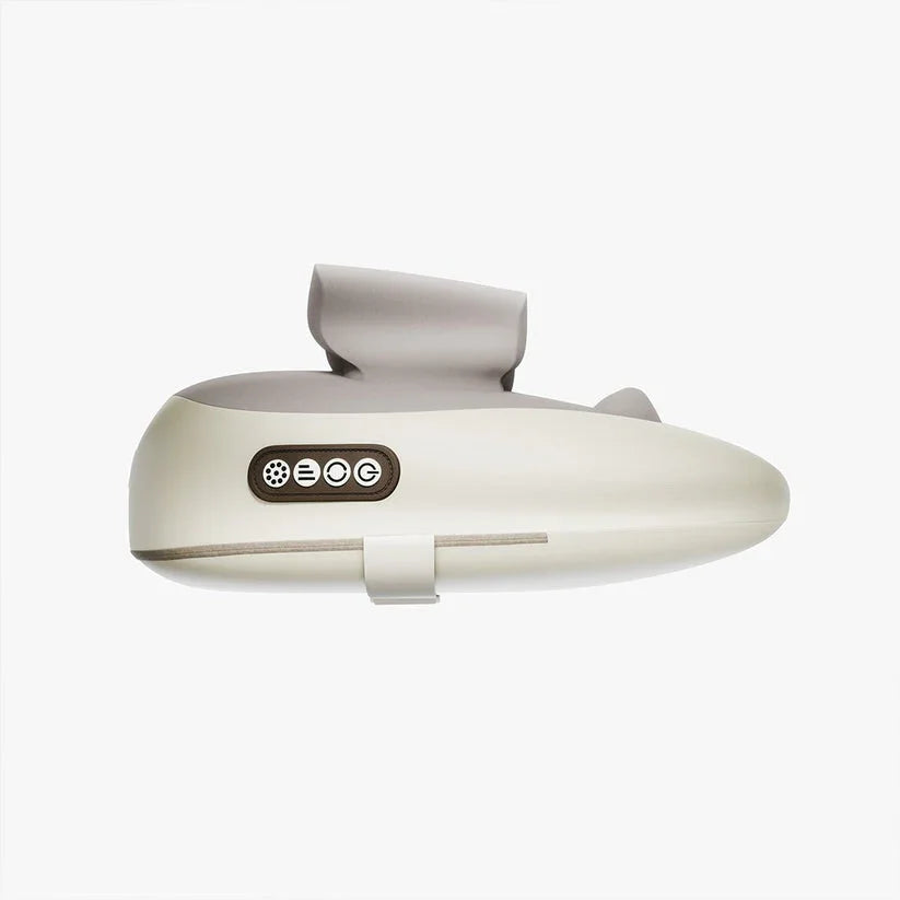 compact neck and shoulder massager with beige and gray design and control buttons on side