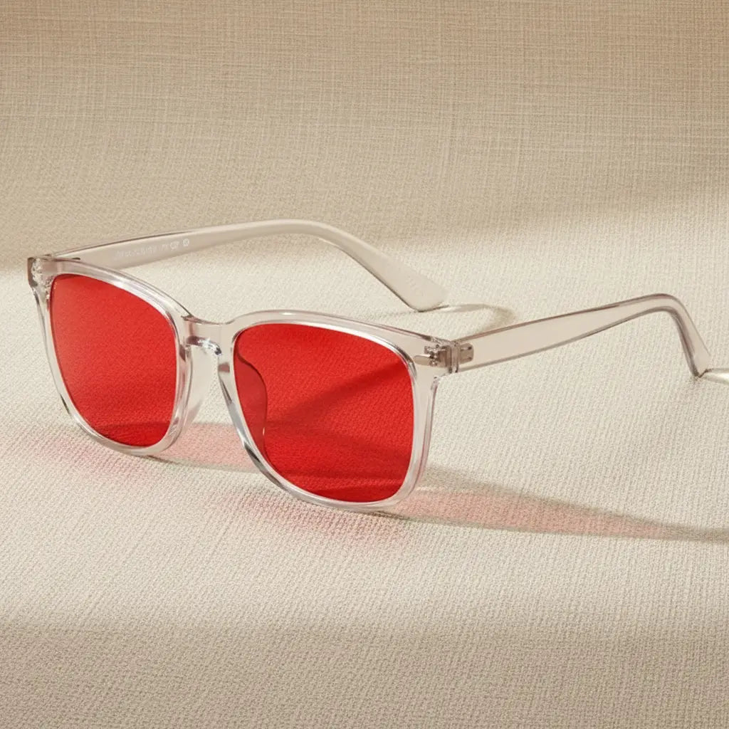 Red Lens Glasses – Beige Background
