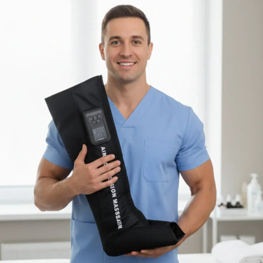 Smiling man in blue scrubs holding black air compression leg massager in a bright room
