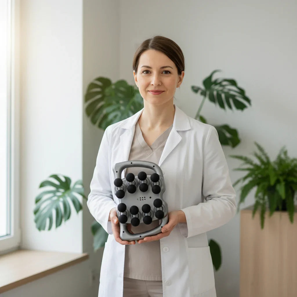 Physiotherapist in white coat holding handheld head massager device in bright clinic room
