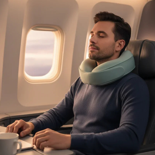 Man relaxing with ergonomic neck pillow on airplane, promoting Sleep Oasis travel comfort