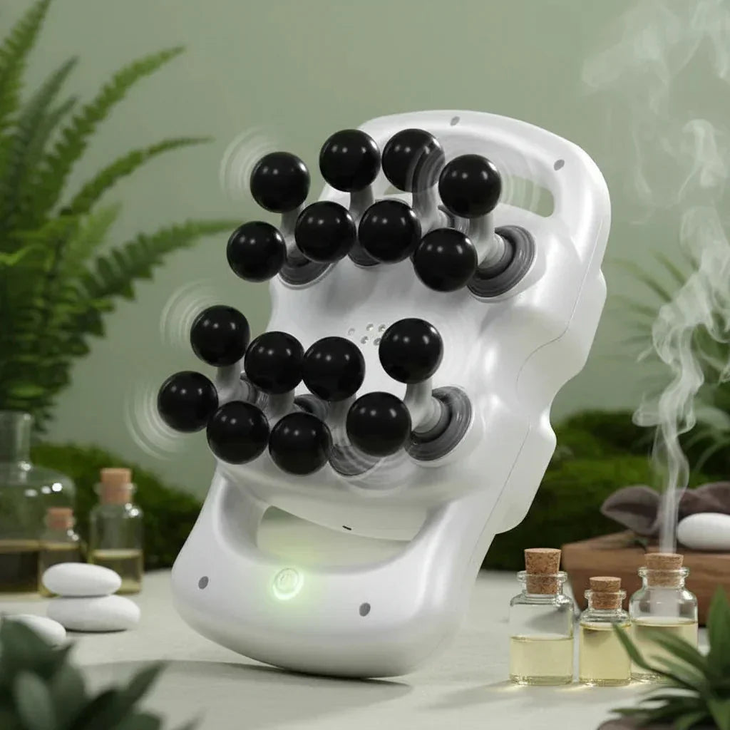 White handheld head massager with black massage balls in a relaxing spa setting with essential oils and steam