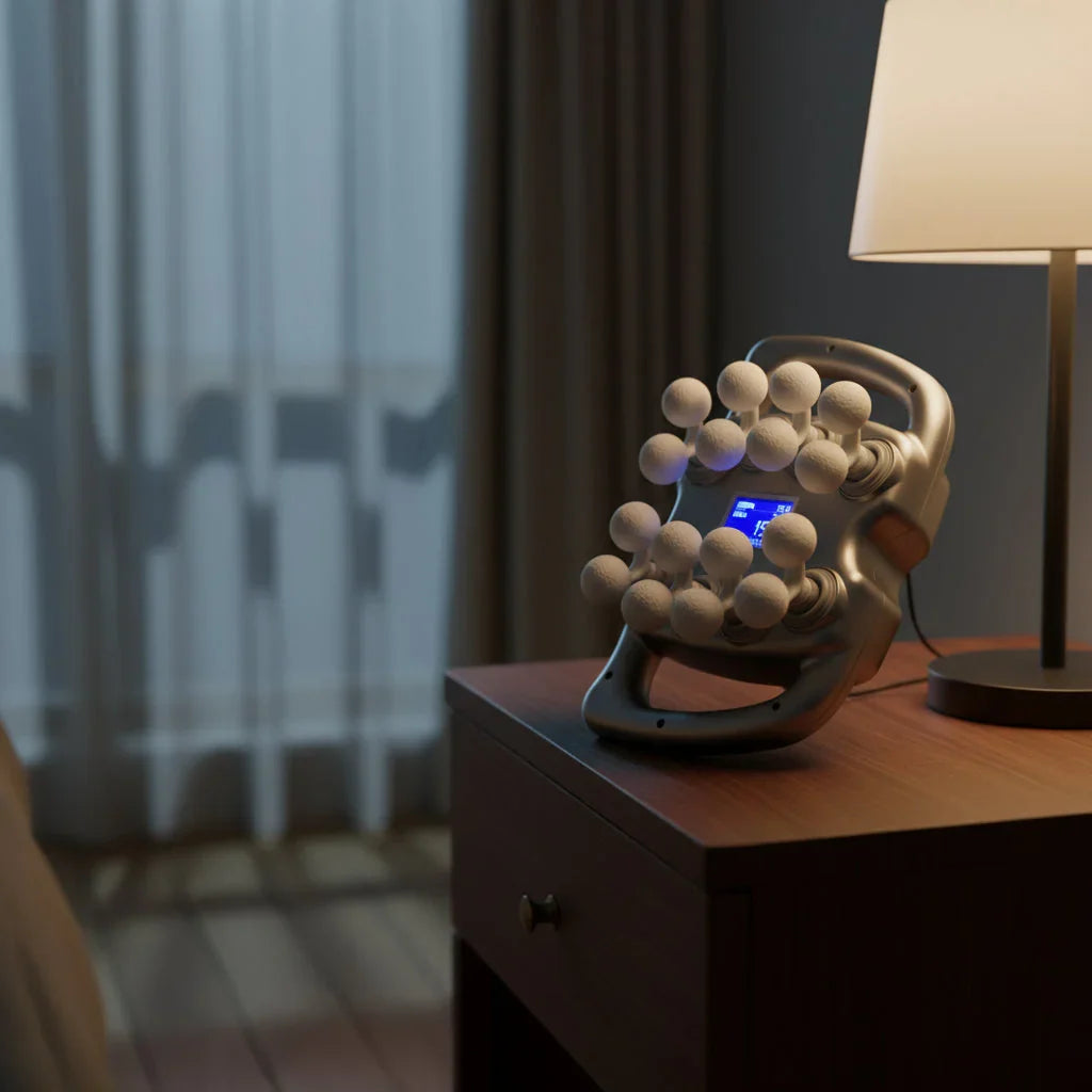 Electric head massager with multiple white massage nodes on wooden bedside table next to lamp in dim room