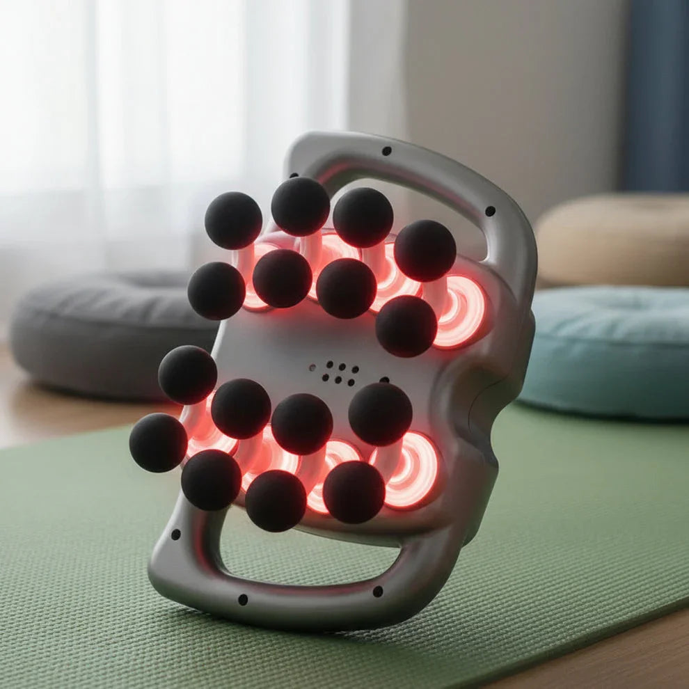 LED light therapy handheld massager with multiple black massage nodes on green yoga mat