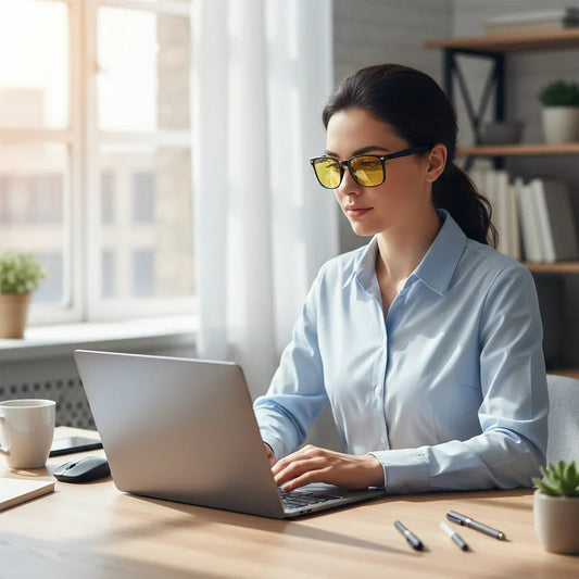 Woman wearing yellow blue light blocking glasses working at a laptop in a bright office