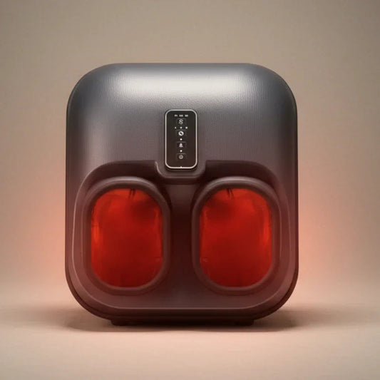 Shiatsu foot massager with red-lit chambers and digital controls on beige background