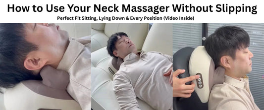 Man using neck massager in different positions including lying down and sitting with control panel shown