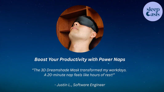 Man wearing black 3D Dreamshade sleep mask relaxing with wooden shelves background