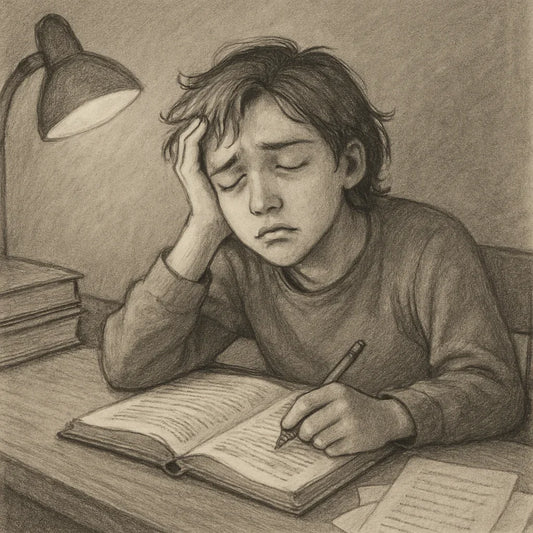 Pencil drawing of a tired student struggling to study at a desk with books and lamp, illustrating poor sleep's academic impact