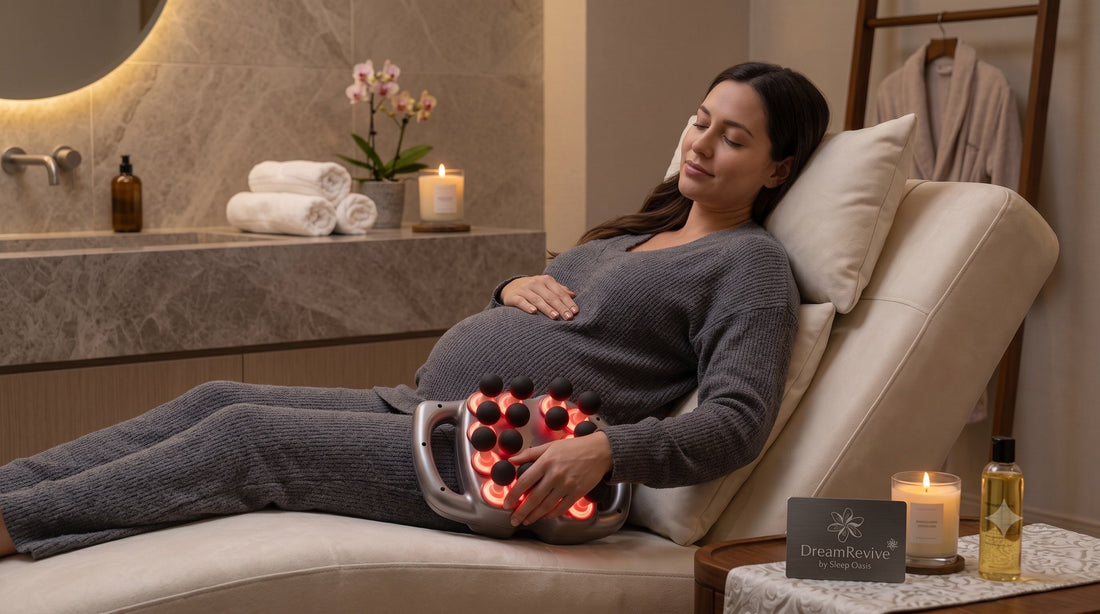 Pregnant woman using DreamRevive 16 head back massager for lower back pain relief