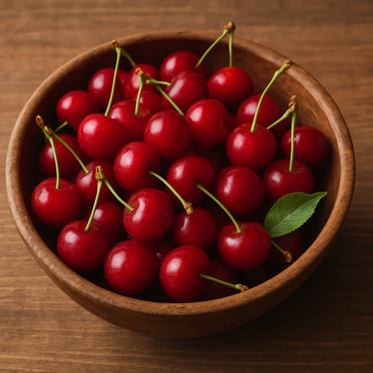 Wooden bowl filled with fresh red tart cherries and a green leaf on wooden table