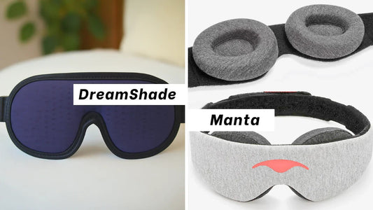 Comparison of DreamShade and Manta sleep masks with padded eye cups and adjustable straps