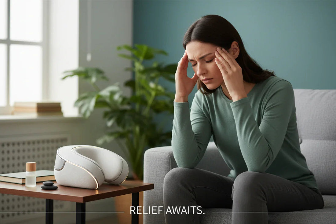 Woman with headache sitting in living room, neck massager and relaxation items on table