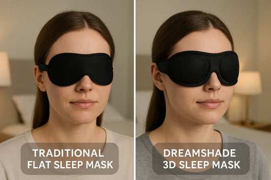 Comparison of traditional flat sleep mask and DreamShade 3D sleep mask worn by a woman in a bedroom setting