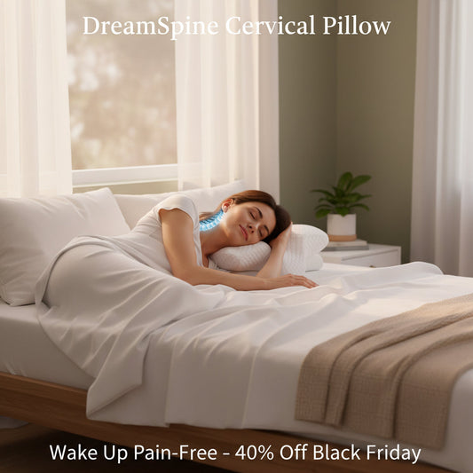 DreamSpine Cervical Pillow – woman sleeping peacefully on side with perfect neck and spine alignment, pain-free mornings, Black Friday 40% off sale