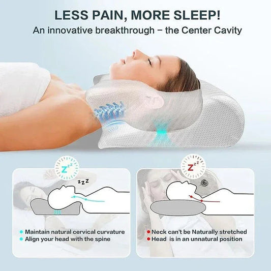 Woman sleeping on ergonomic pillow with center cavity supporting cervical spine, promoting natural neck curvature and alignment