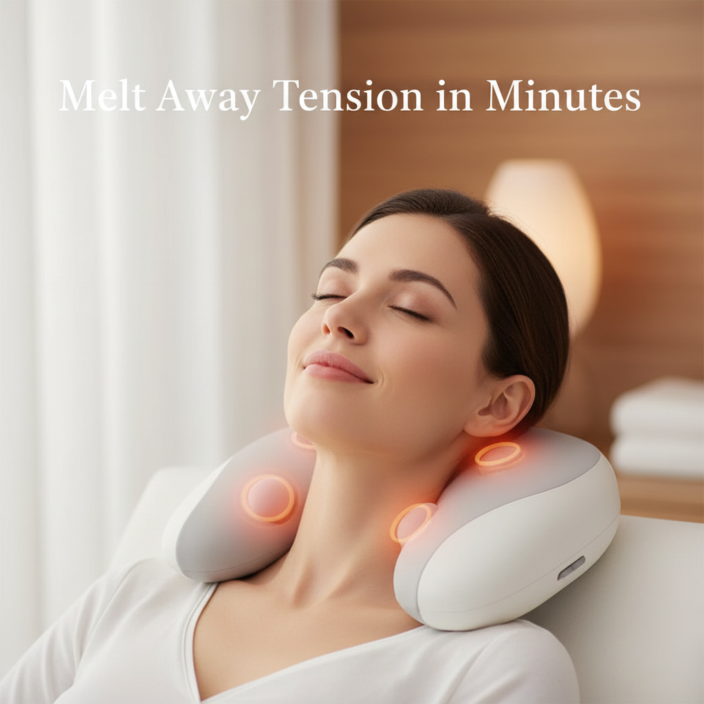 Woman relaxing with heated neck massager for pain relief and better sleep at home