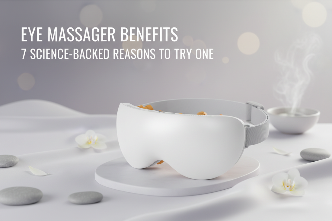 White smart eye massager with golden acupressure nodes and adjustable headband, displayed in a clean spa-inspired setting — featured in Sleep Oasis blog post on eye massager benefits.