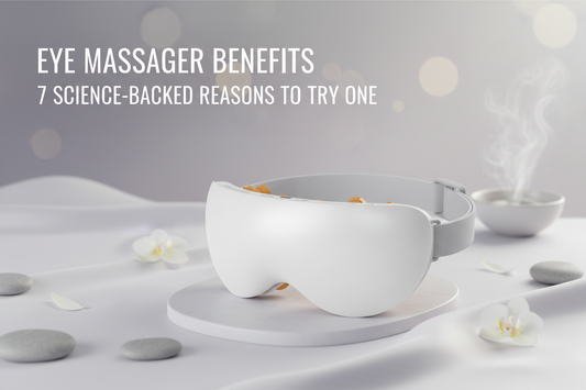 White smart eye massager with golden acupressure nodes and adjustable headband, displayed in a clean spa-inspired setting — featured in Sleep Oasis blog post on eye massager benefits.