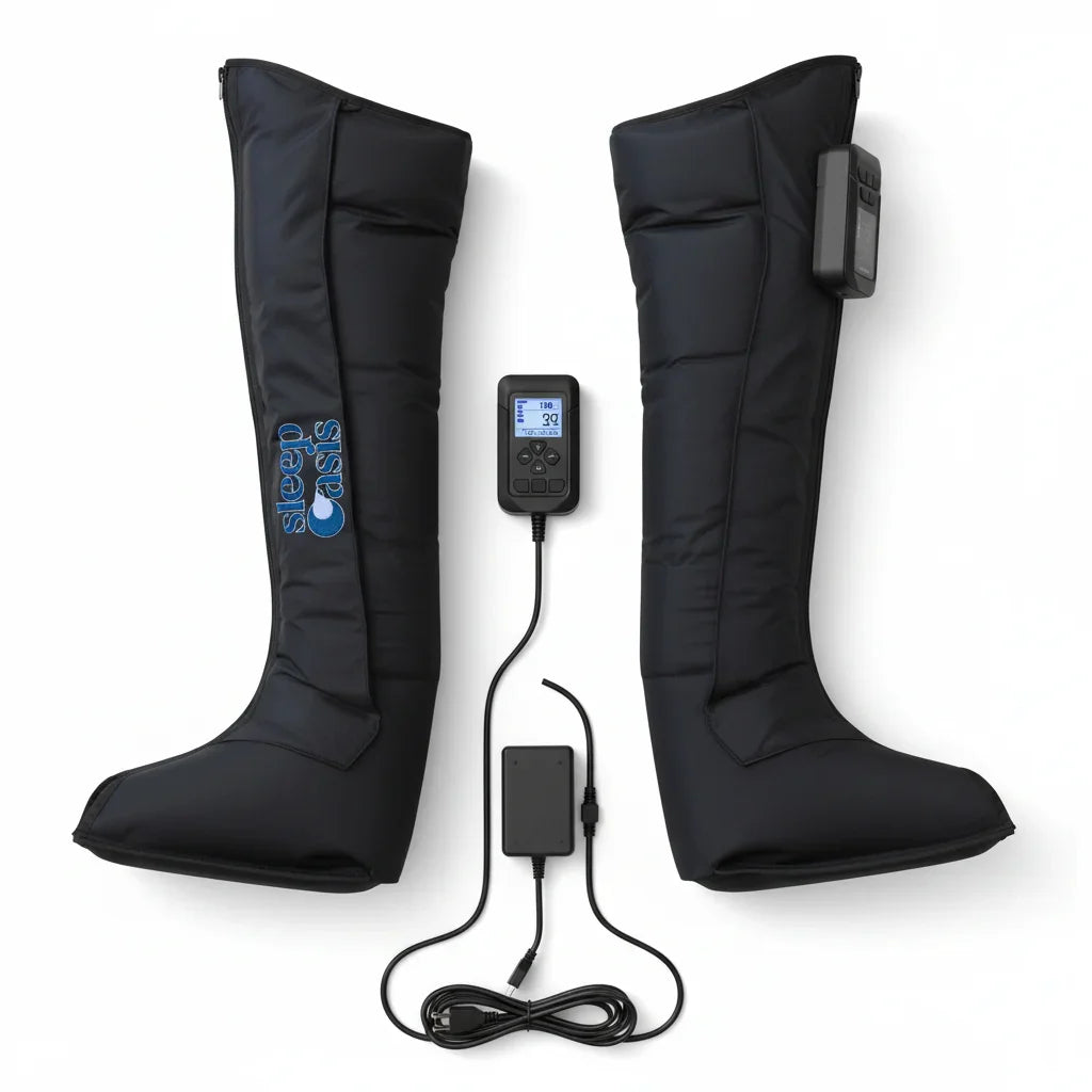 Pair of black leg massagers with digital remote control and connected power cord