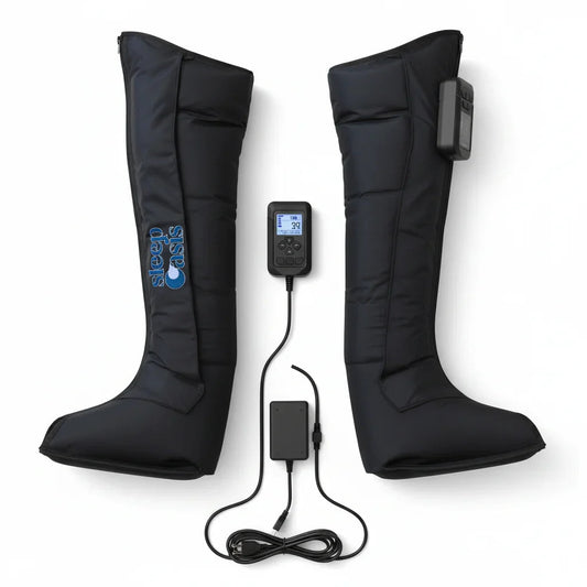 Pair of black leg massagers with digital remote control and connected power cord