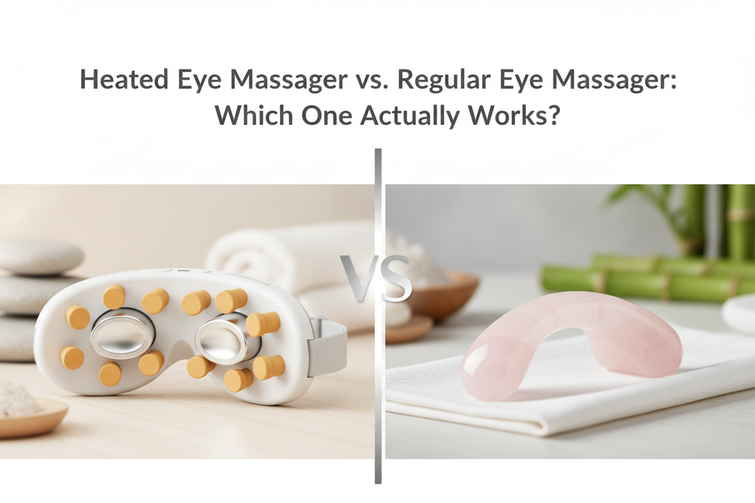 Heated eye massager vs regular eye massager comparison — DreamGaze™ Hot & Cold Eye Massager by Sleep Oasis alongside a traditional manual eye massager.