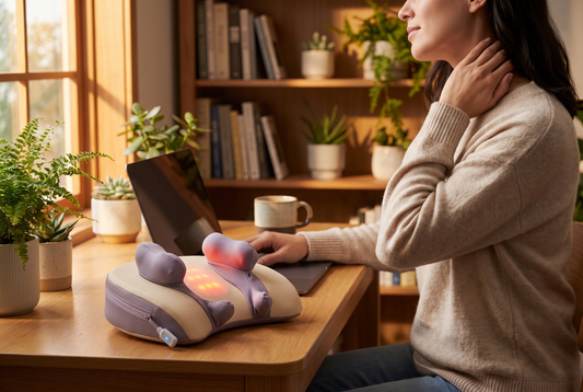 Woman at desk with neck tension — DreamRelief neck massager for tension headache relief