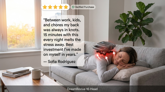 DreamRevive 16-head massage gun for full-back tension relief — used by desk workers for daily recovery