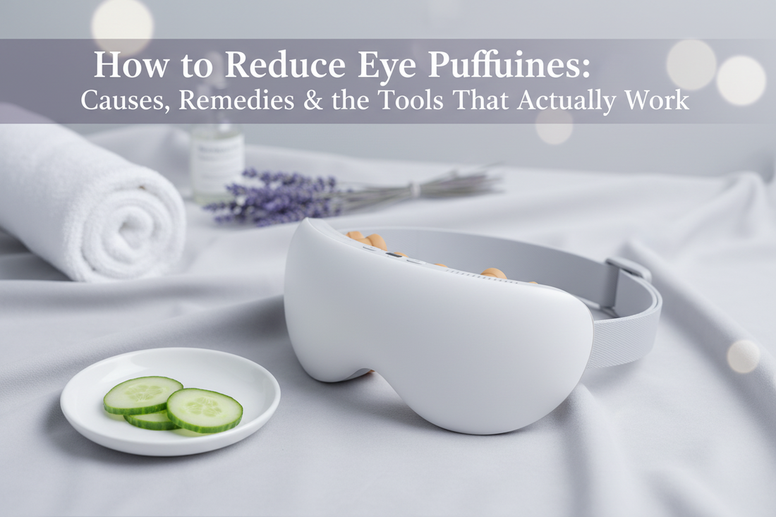 Eye massager device for reducing eye puffiness, displayed in a spa-inspired setting — Sleep Oasis wellness tool guide.