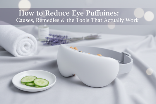 Eye massager device for reducing eye puffiness, displayed in a spa-inspired setting — Sleep Oasis wellness tool guide.