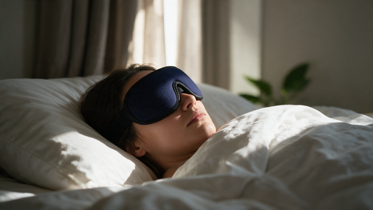 Night shift worker asleep in a sunlit bedroom wearing a contoured blackout sleep mask during the day