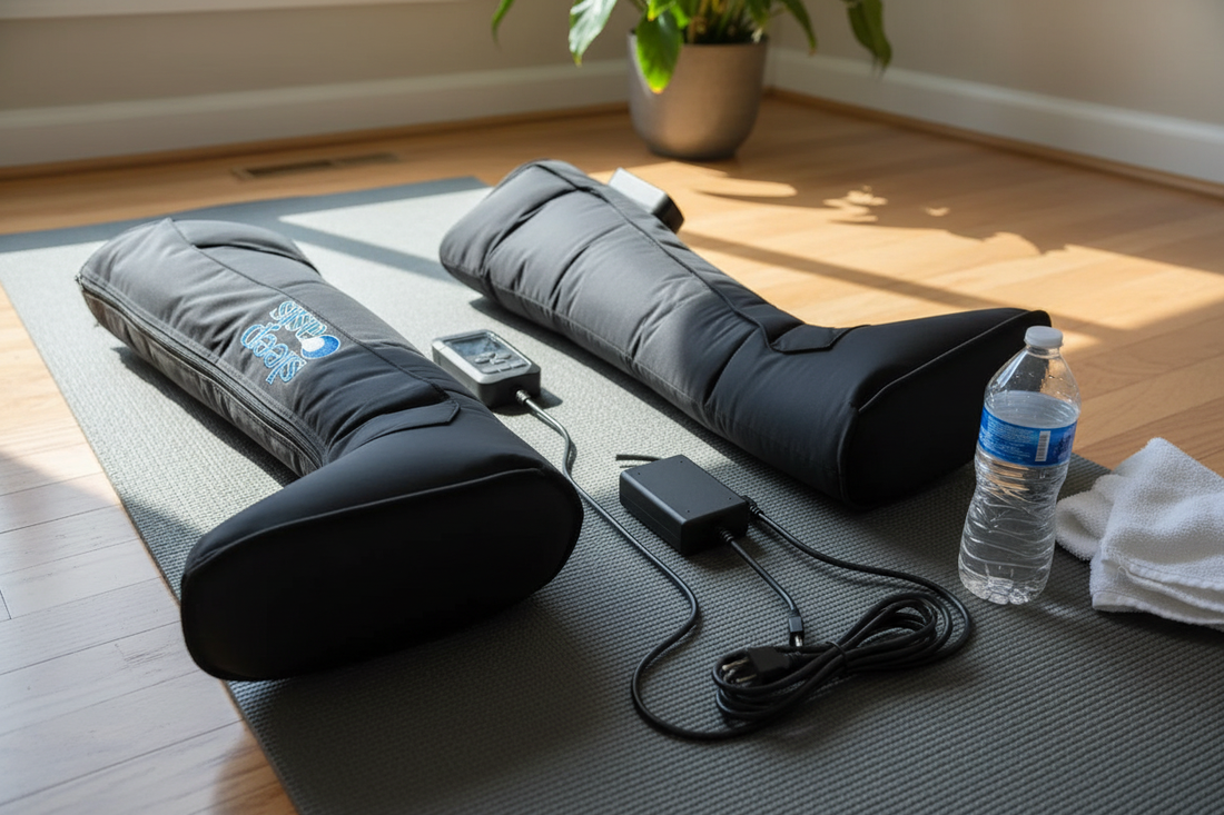 Leg massager with remote on yoga mat next to water bottle and towel in bright room