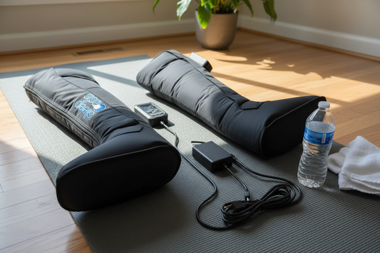 Leg massager with remote on yoga mat next to water bottle and towel in bright room