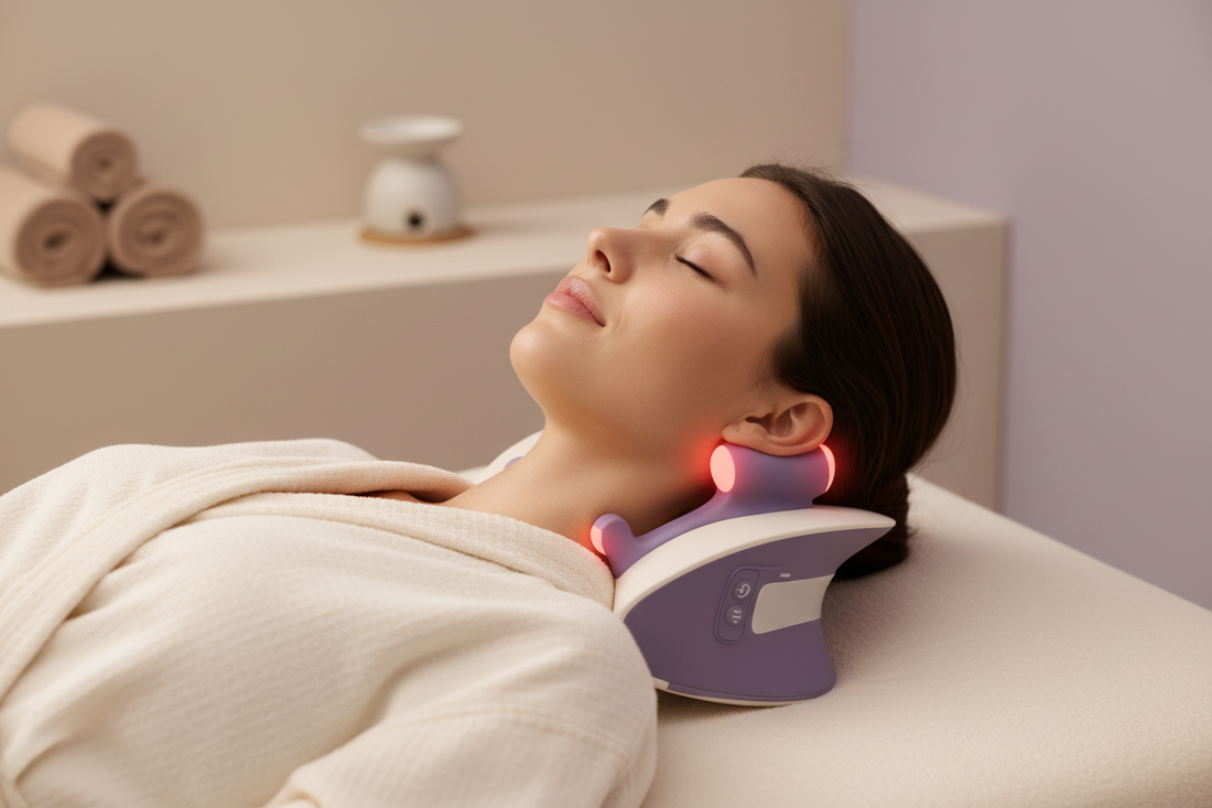 Woman relaxing with electric neck massager emitting red light in a calm spa setting