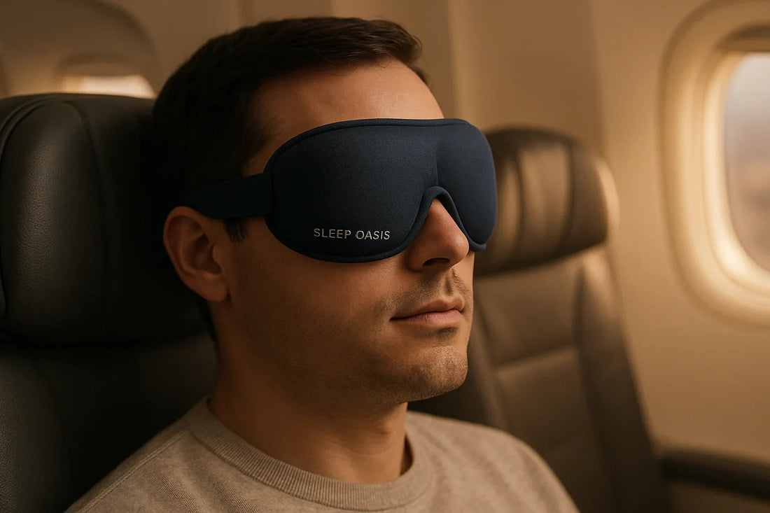 Man wearing a navy Sleep Oasis 3D sleep mask on an airplane seat by the window