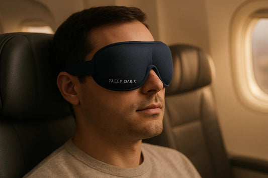 Man wearing a navy Sleep Oasis 3D sleep mask on an airplane seat by the window