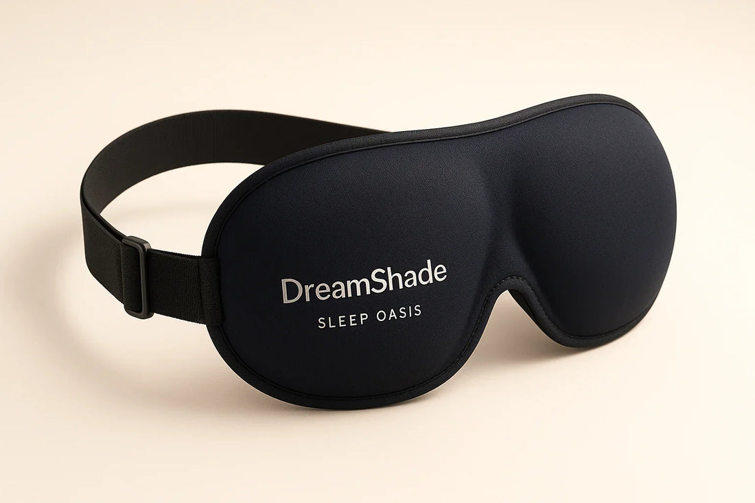 Black DreamShade Sleep Oasis 3D contoured sleep mask with adjustable strap on beige background