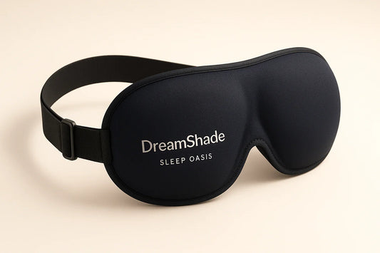 Black DreamShade Sleep Oasis 3D contoured sleep mask with adjustable strap on beige background