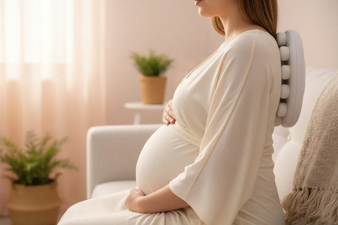 Pregnant woman in cream robe using back massager on sofa in calm pastel wellness setting